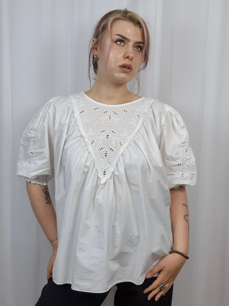 Bluzka babydoll z haftem i bufiastymi rękawami 100% bawełna L-XXL