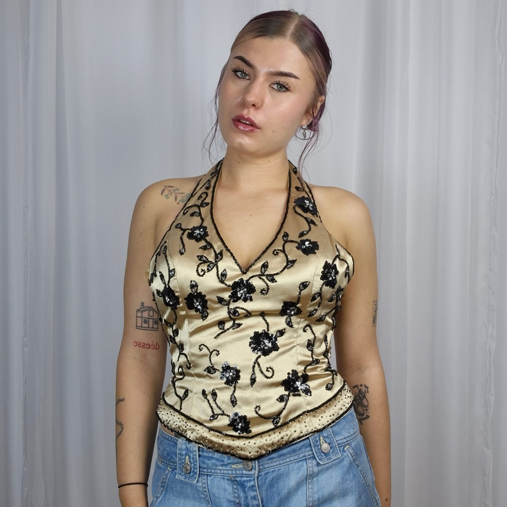 Gorsetowy halter top wyszywany koralikami M/L