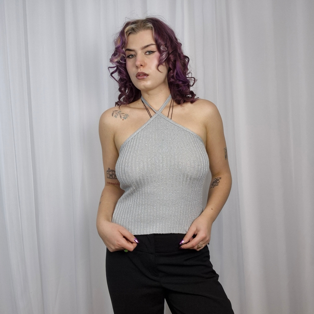 Srebrny błyszczący halter top M