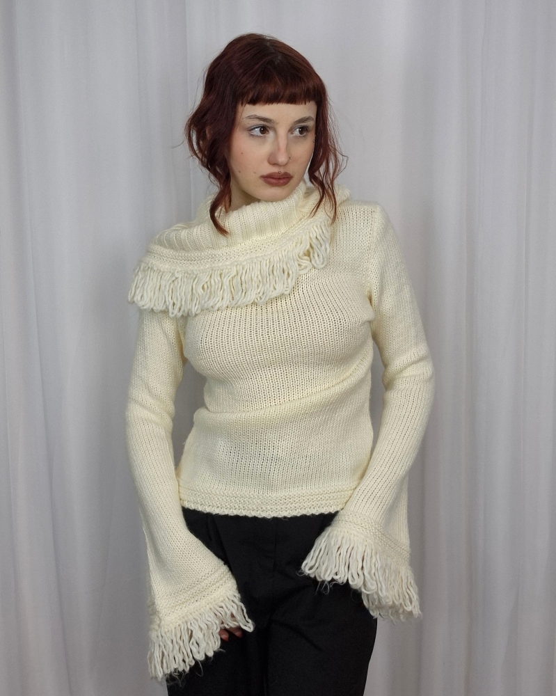 Nowy sweter z frędzlami 50% wełna XS-L