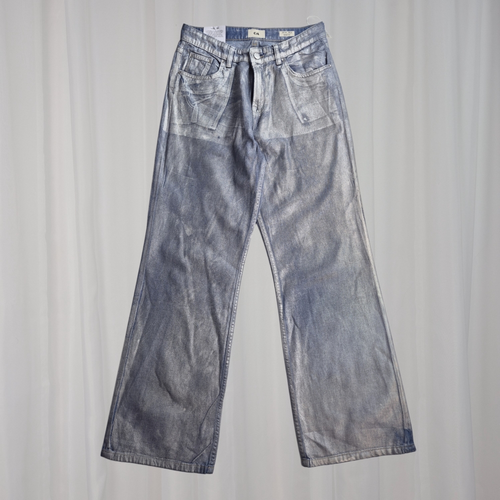 Nowe srebrne woskowane jeansy baggy M